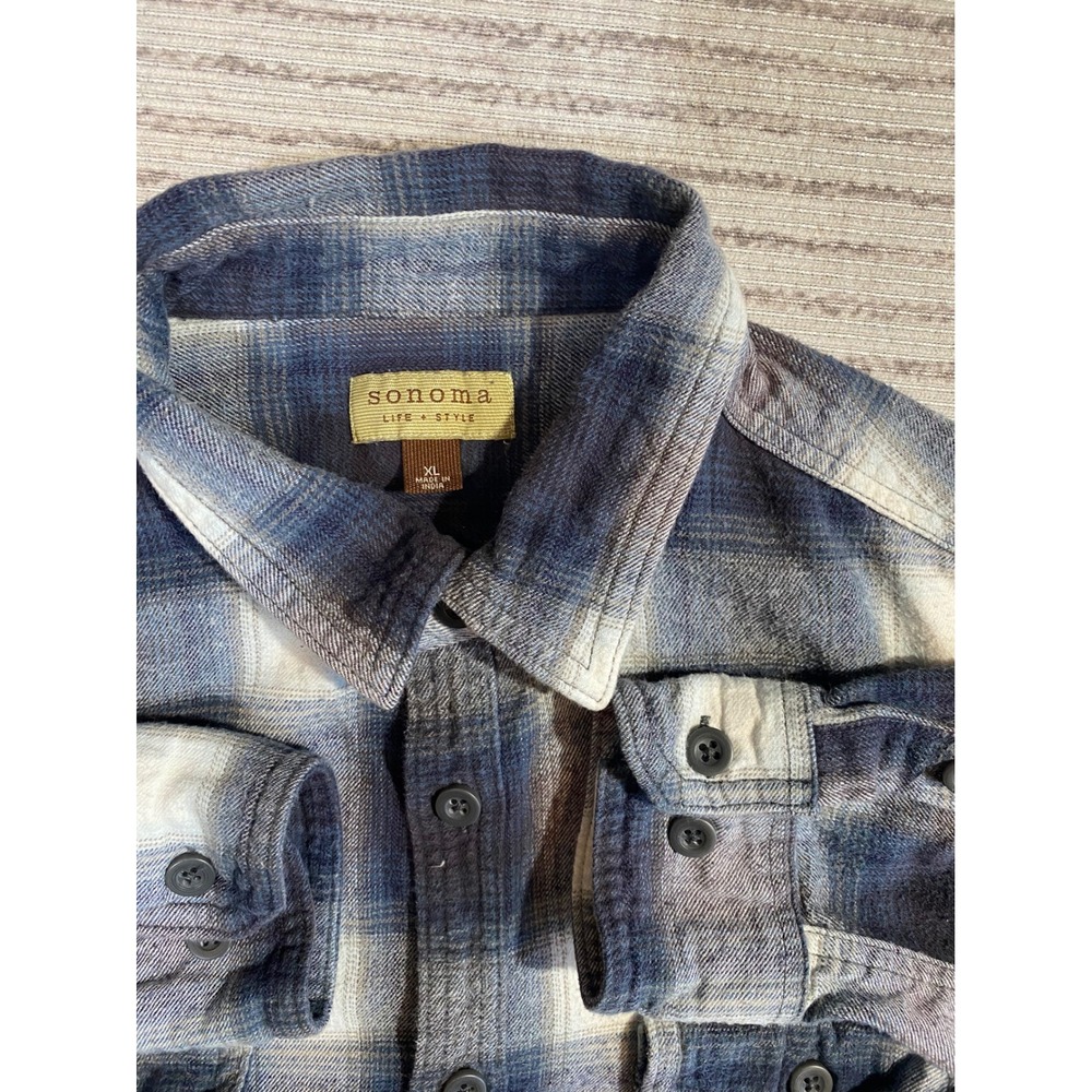 Sonoma Life Style Mens XL Blue Grey White Plaid Cotton Flannel Button Down Shirt